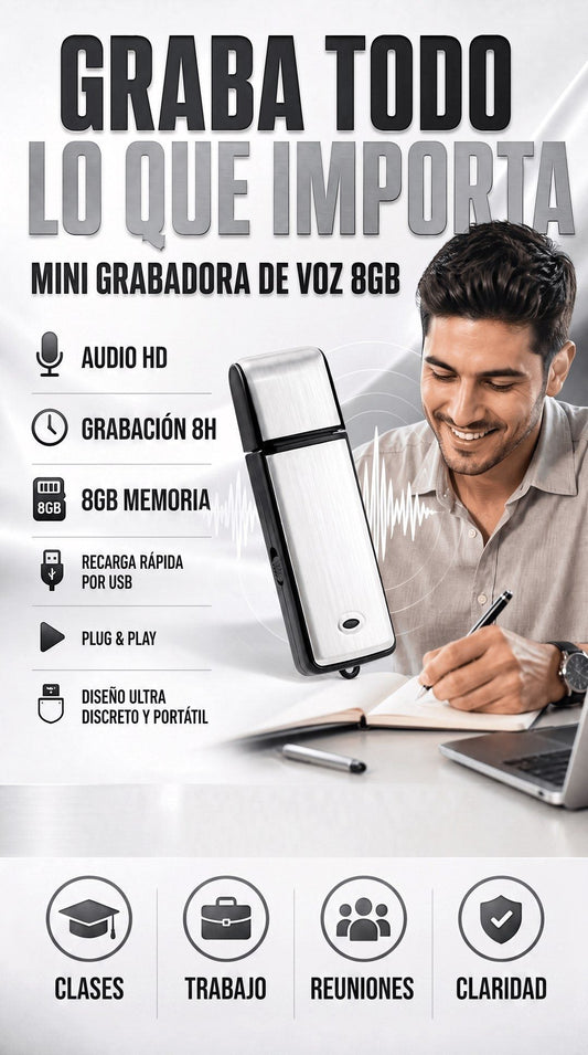 Grabadora de Voz USB 8GB — Mini, Recargable, hasta 8 h 🎙️ — 1